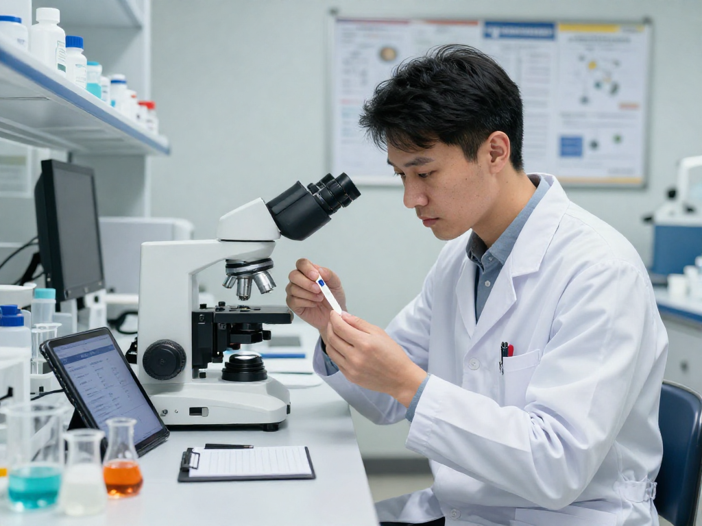 Research scientist examining buccal strip technology highlighting TB 500 benefits in a modern lab environment.