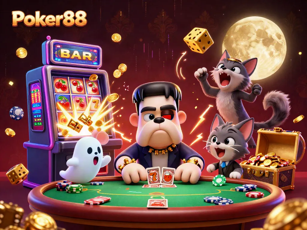 Poker88 players winning at a spooky table while colorful casino elements burst around them