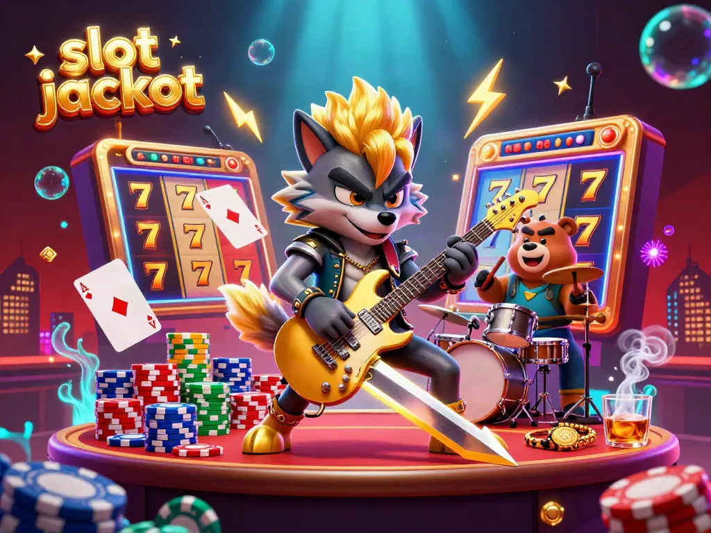 Shredding slot jackpot excitement on stage with rock star wolf and drummer bear amidst vibrant casino symbols.