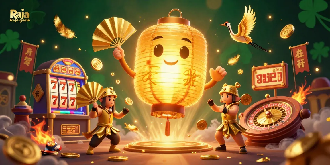 Engage with Raja game’s vibrant slot scene filled with lucky symbols and a glowing lantern spirit.