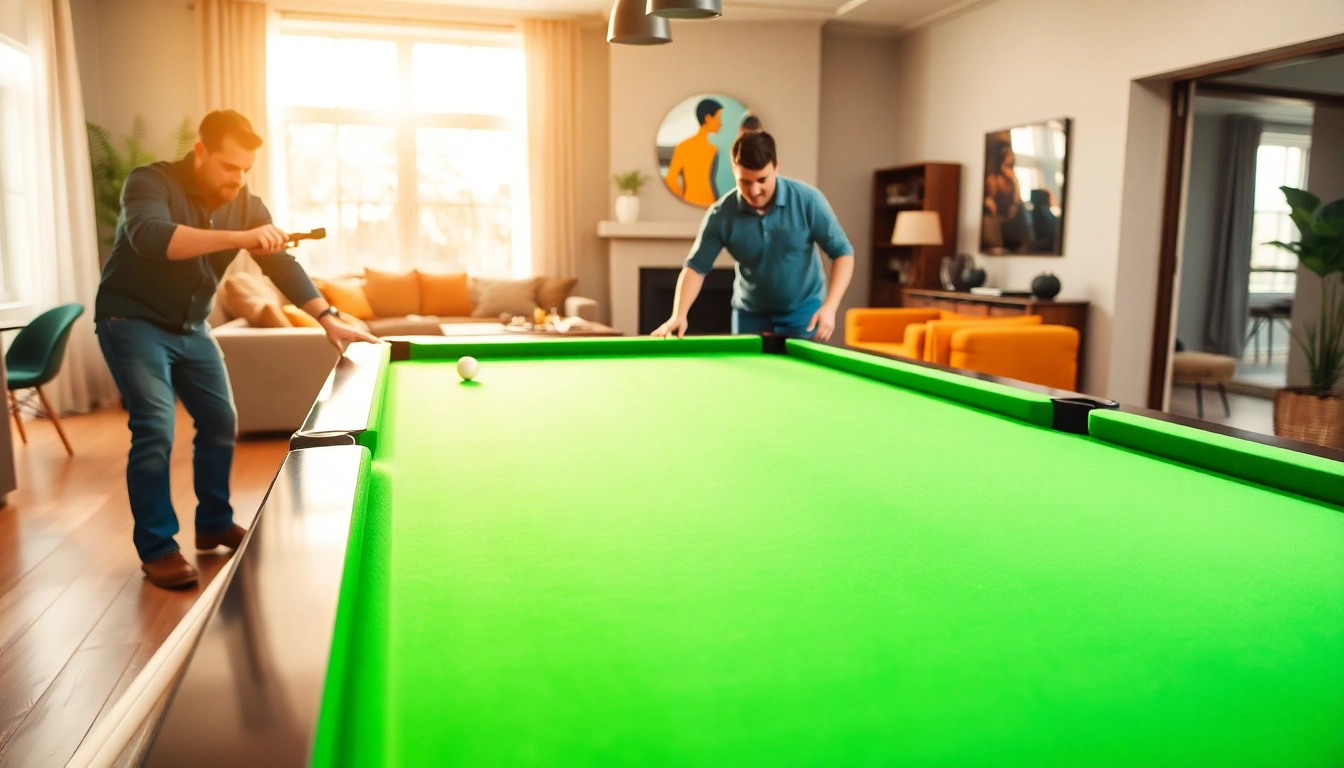 Skilled pool table movers dallas setting up a modern pool table in a lively setting.