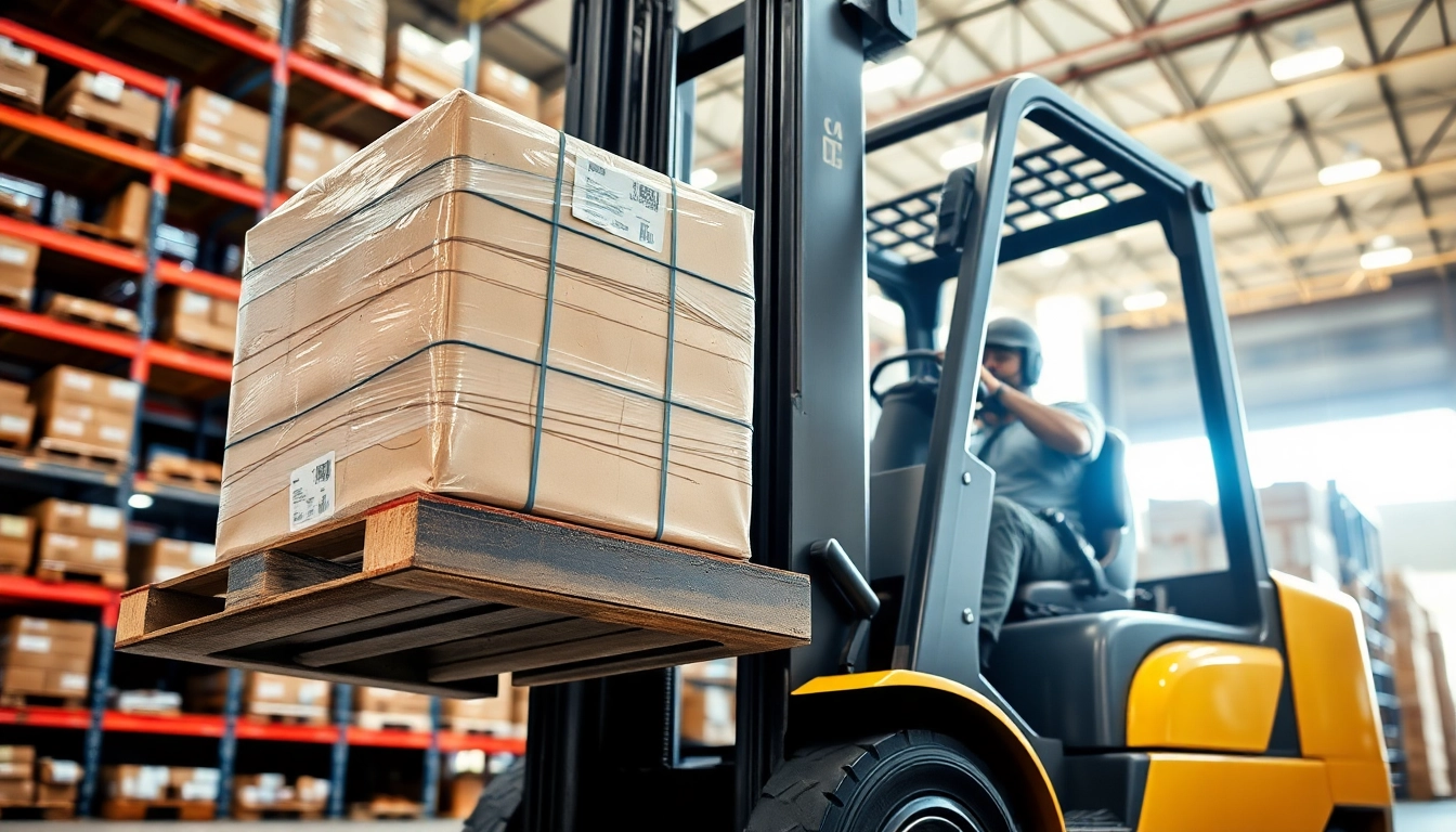 Efficient forklift lifting a pallet in a busy warehouse setting amidst bright lighting.