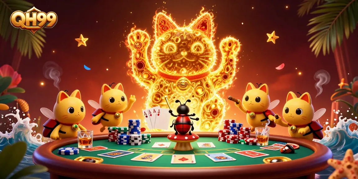 Join the excitement with QH99's golden lucky cat in this vibrant gaming scene.