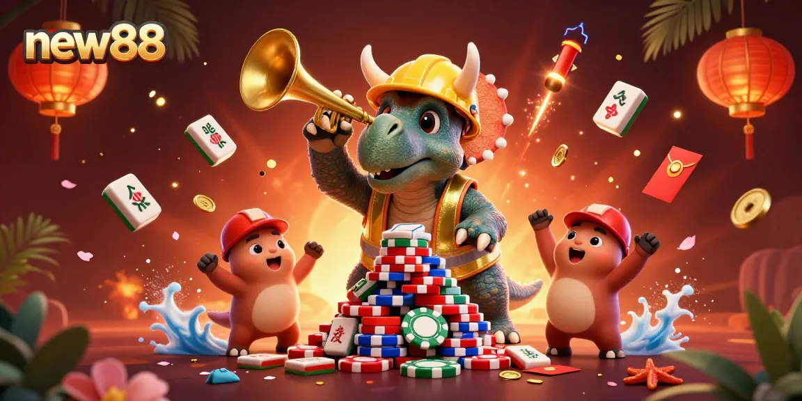 Celebrate wins with new88 in this vibrant 3D casino scene featuring playful characters.