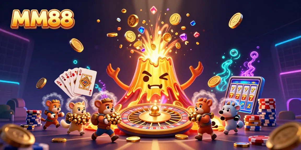 Experience casino magic at MM88 with a vibrant volcano erupting treasures and animated winning games.