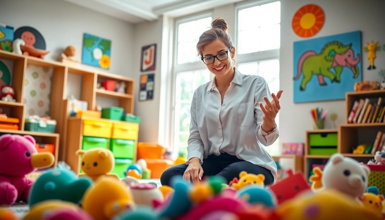 Engaging Play Therapy session with a child-focused psychologist in a colorful therapy room