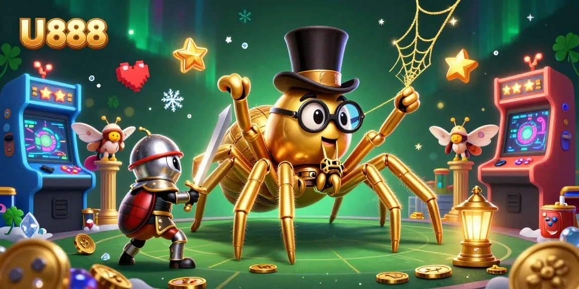 Win big with U 888 in this lively illustration featuring a golden tarantula and beetle knight.