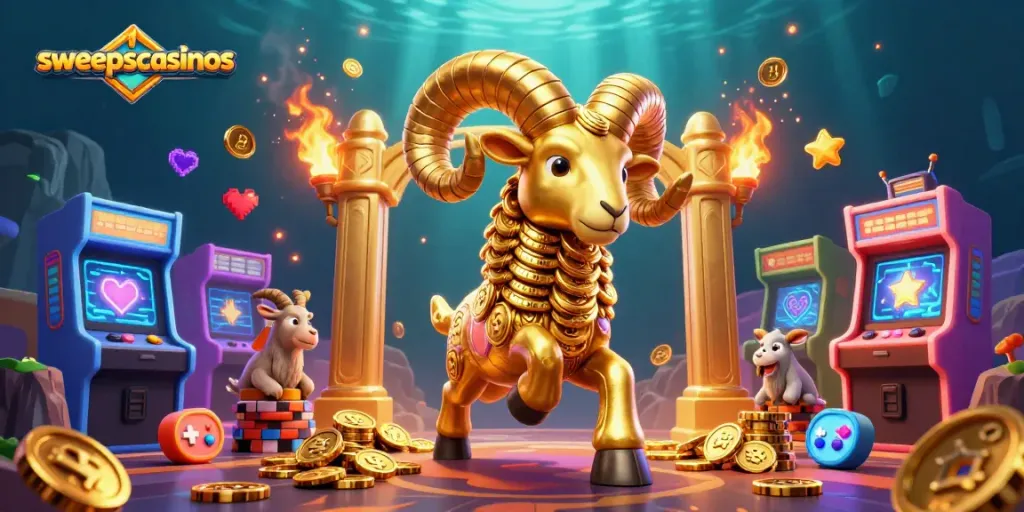 Play and win big at sweepscasinos with colorful arcade games and a golden ram illustration.