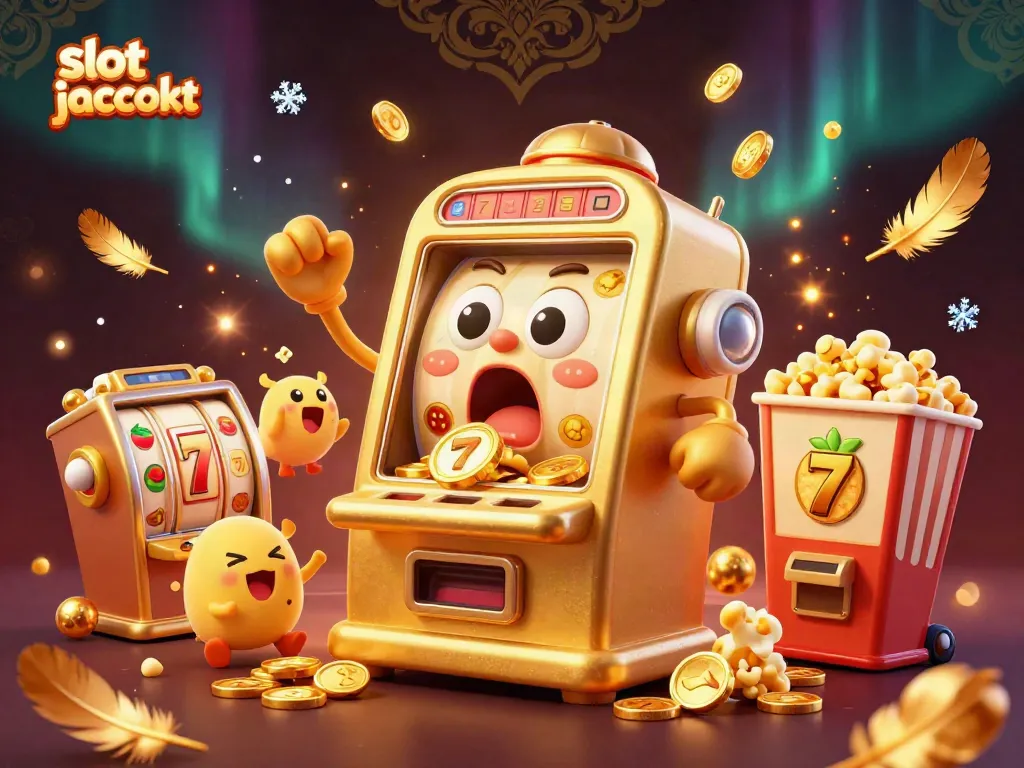 Experience the thrill of a slot jackpot with a cartoon slot machine celebrating its win, coins overflowing.
