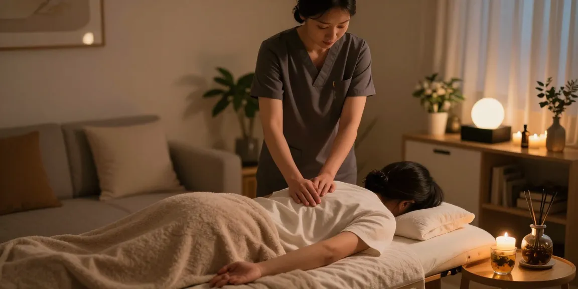 부평출장마사지 service in a serene home environment with warm lighting and cozy decor.