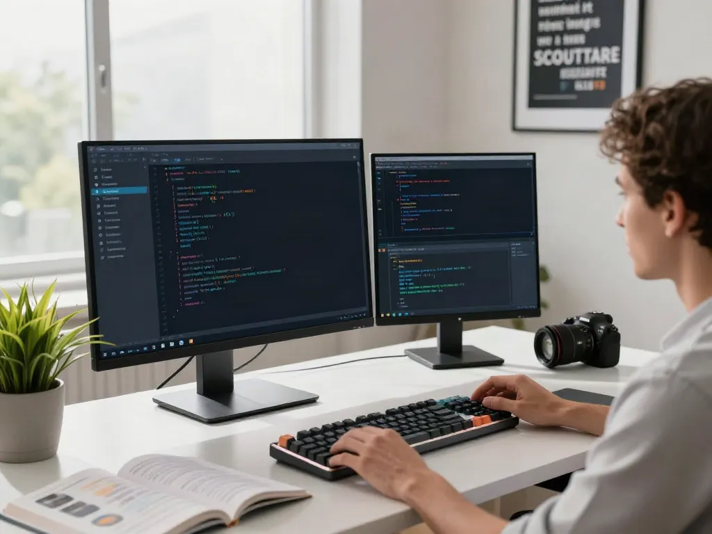 Developer showcasing v2rayN software in an innovative tech workspace