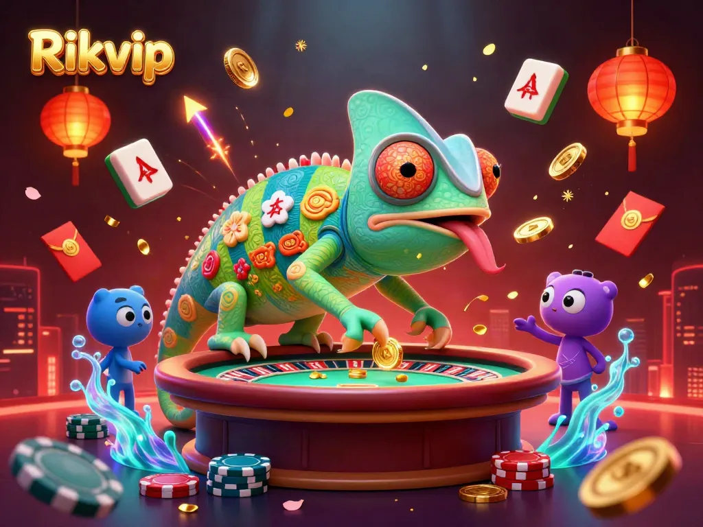 Engage with Rikvip’s vibrant gaming atmosphere featuring a chameleon casino owner and lively game elements.