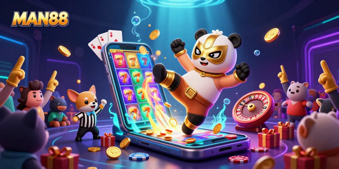 MAN88 showcases a vibrant 3D casino scene with a panda wrestler and energetic spectators celebrating thrilling slot wins.