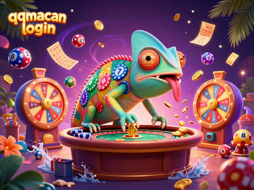 Engage with the vibrant qqmacan login scene, showcasing a chameleon casino owner and lively game elements.