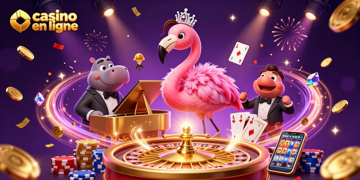 Célébrez avec des jeux de casino en ligne, une illustration colorée de chanteurs et d'éléments de jeu.