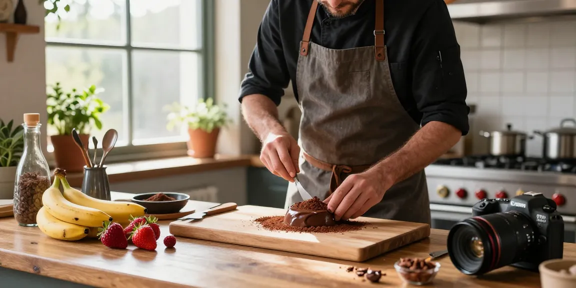 Chef using m98 cacao powder in a beautifully lit kitchen to create a gourmet dessert.