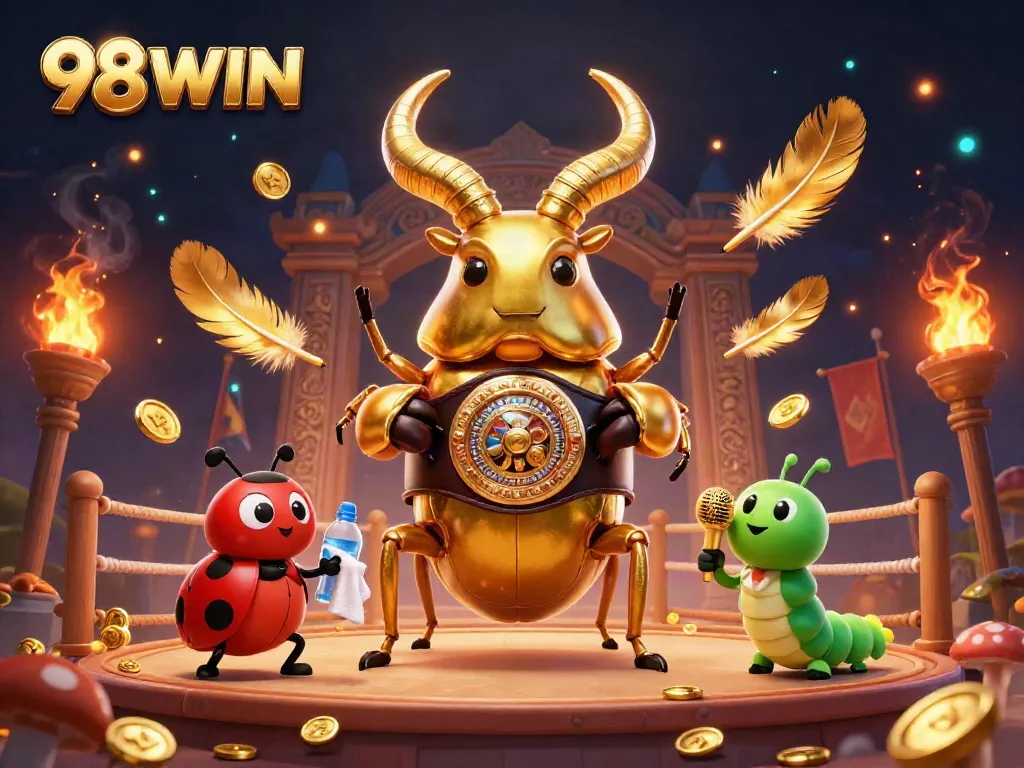 Engage in thrilling gameplay with 98WIN, showcasing a battle of characters amidst colorful casino action.