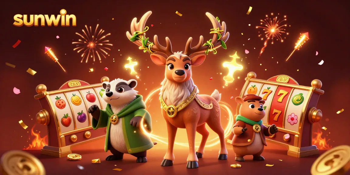 Engage with sunwin slots featuring vibrant characters, slot reels, and festive casino elements.