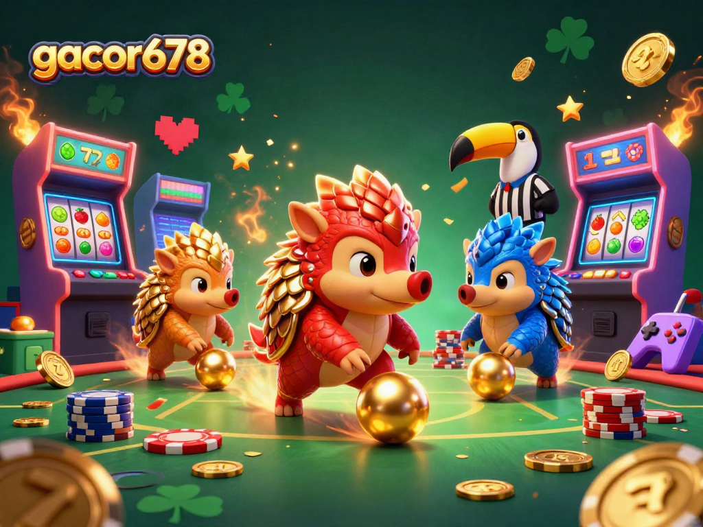 Engage with gacor678 casino action, featuring rival pangolins bowling through poker chips in a vibrant gaming scene.