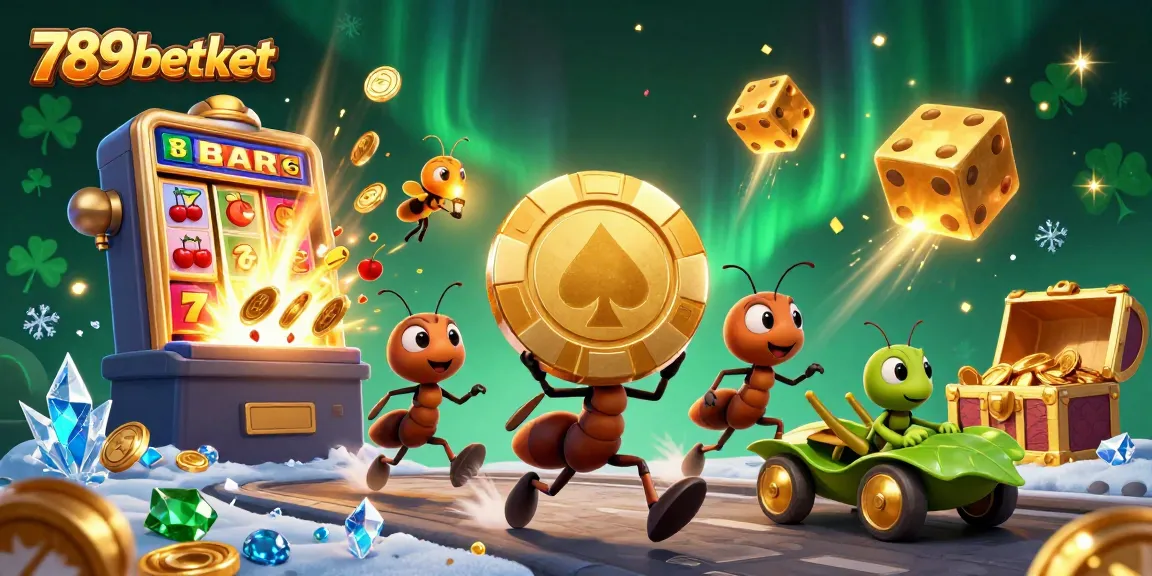 Experience the thrilling heist in 789betket with ants carrying a giant poker chip amidst casino excitement.