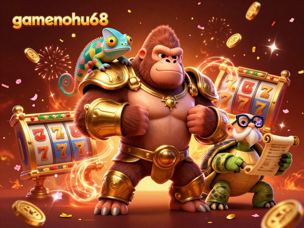 Capture the excitement of gamenohu68 slots with a dynamic 3D casino scene featuring vibrant characters and elements.