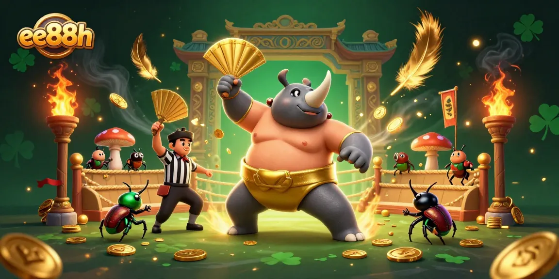 Join the excitement at ee88h as the sumo beetle champion stomps golden coins in this vibrant 3D illustration.