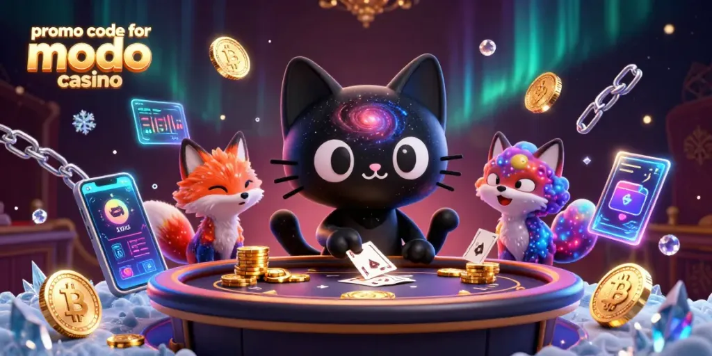 Win big at Modo Casino with the promo code for modo casino, featuring cosmic characters and vibrant casino elements.