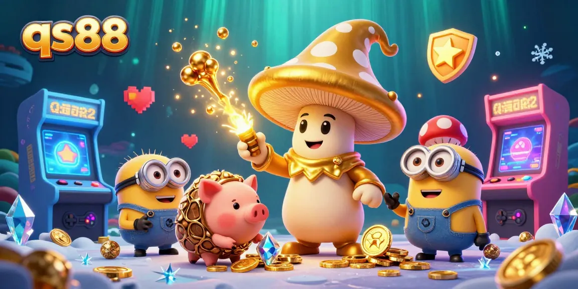 Experience the dynamic magic of qs88 with a whimsical golden mushroom wizard and treasure-hunting pig in this vibrant casino scene.