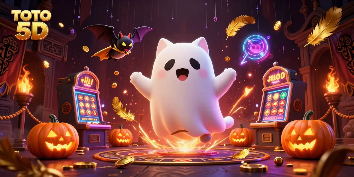 TOTO 5D enchanting illustration of a ghost cat and bat in a magical haunted casino.