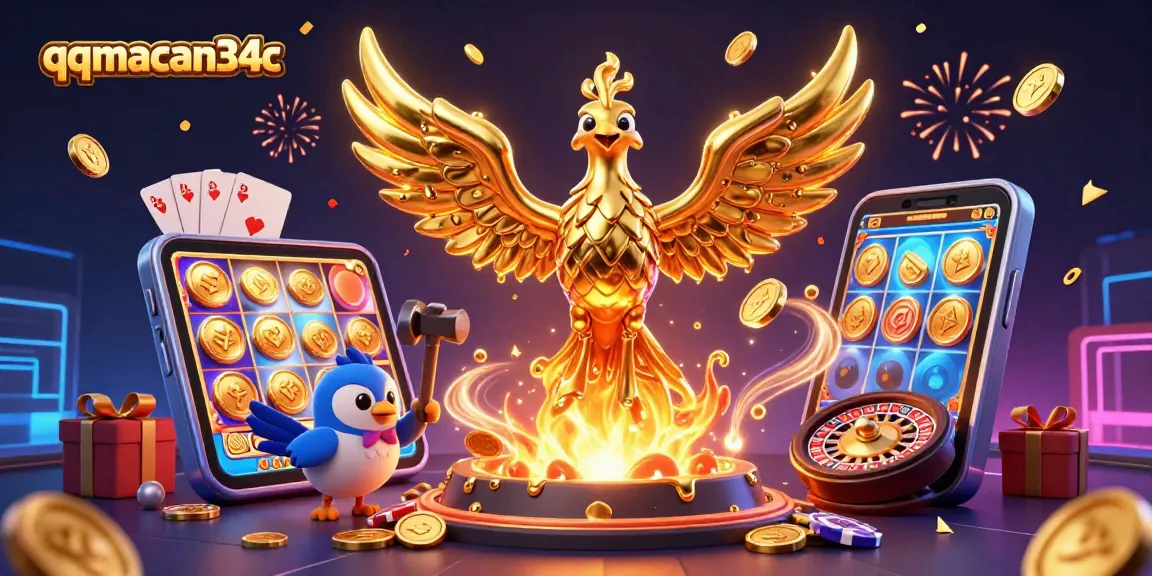 Experience the excitement of qqmacan34c with a golden phoenix and vibrant casino elements.
