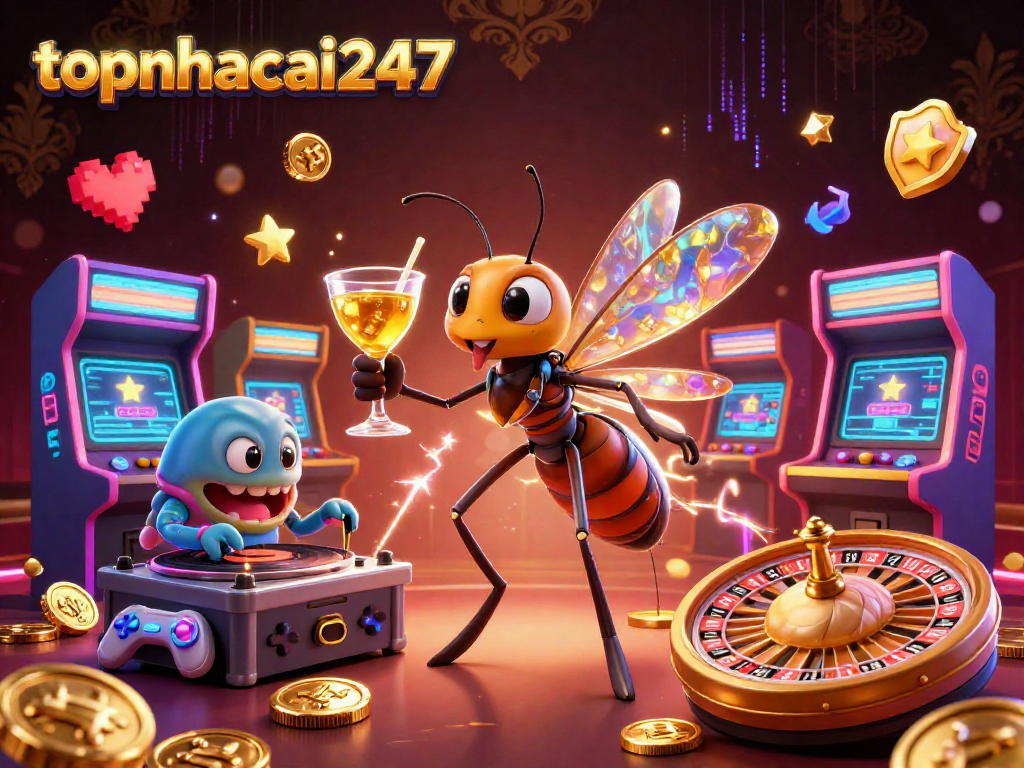 Experience thrilling games at topnhacai247 with a vibrant casino mascot scene featuring unique characters.