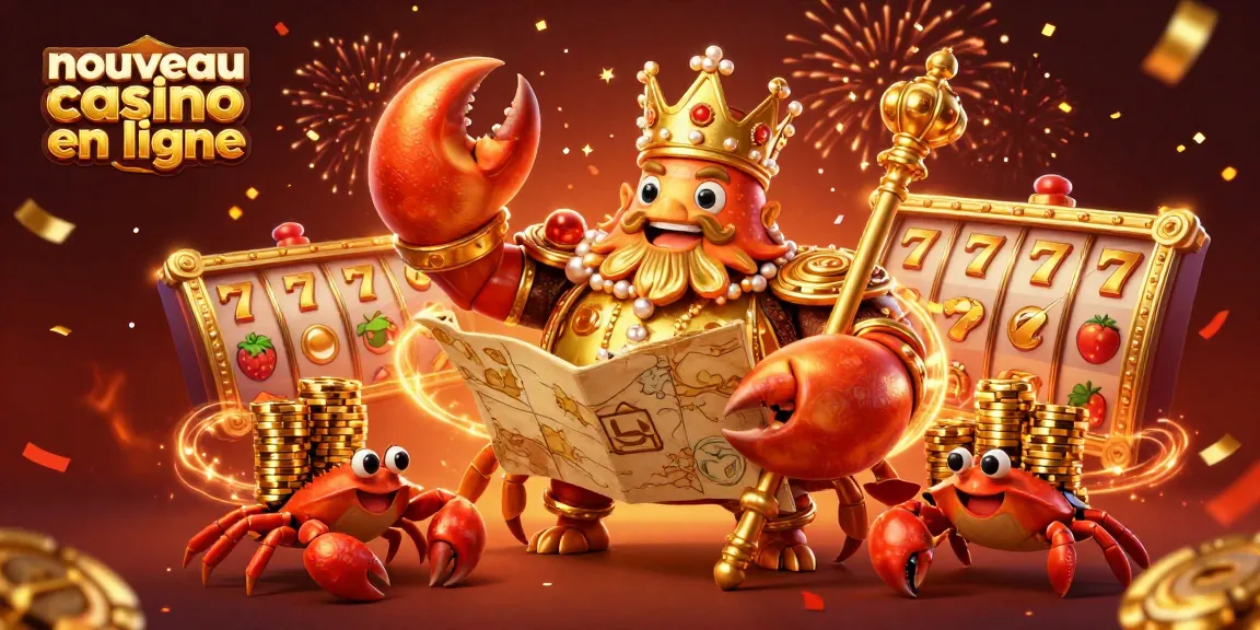Illustration dynamique du nouveau casino en ligne avec un crabe doré monumental, des roulements de machines à sous et des confettis.