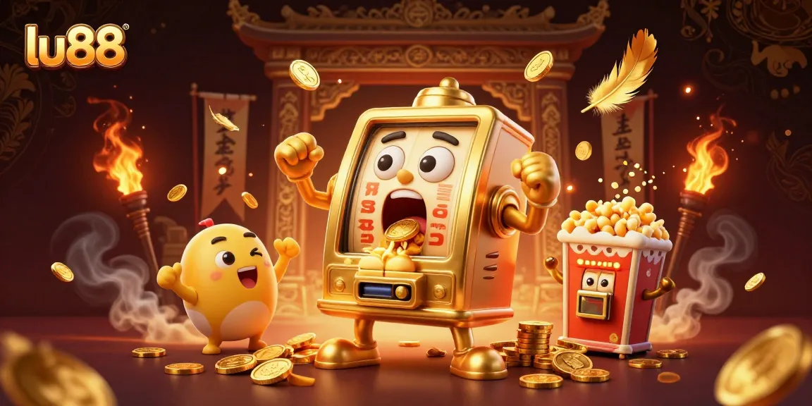 lu88 astonishes players with golden jackpots and cheering slot machines celebrating wins in a lively casino illustration.