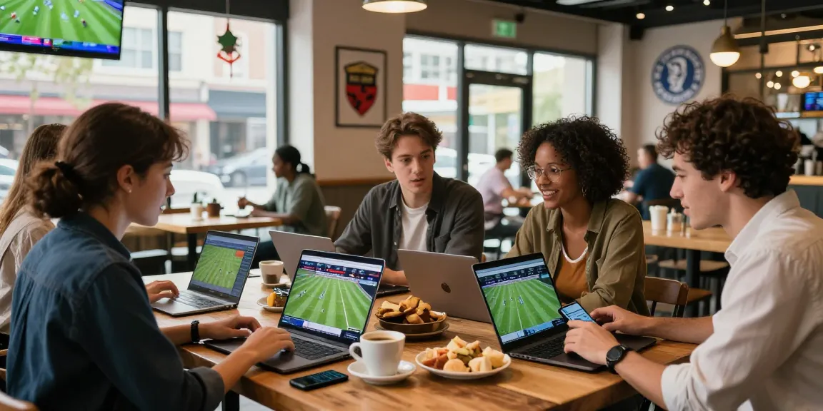 Situs Taruhan Bola Terpercaya enthusiasts enjoy lively discussions over coffee while engaging with sports betting platforms in a vibrant café.