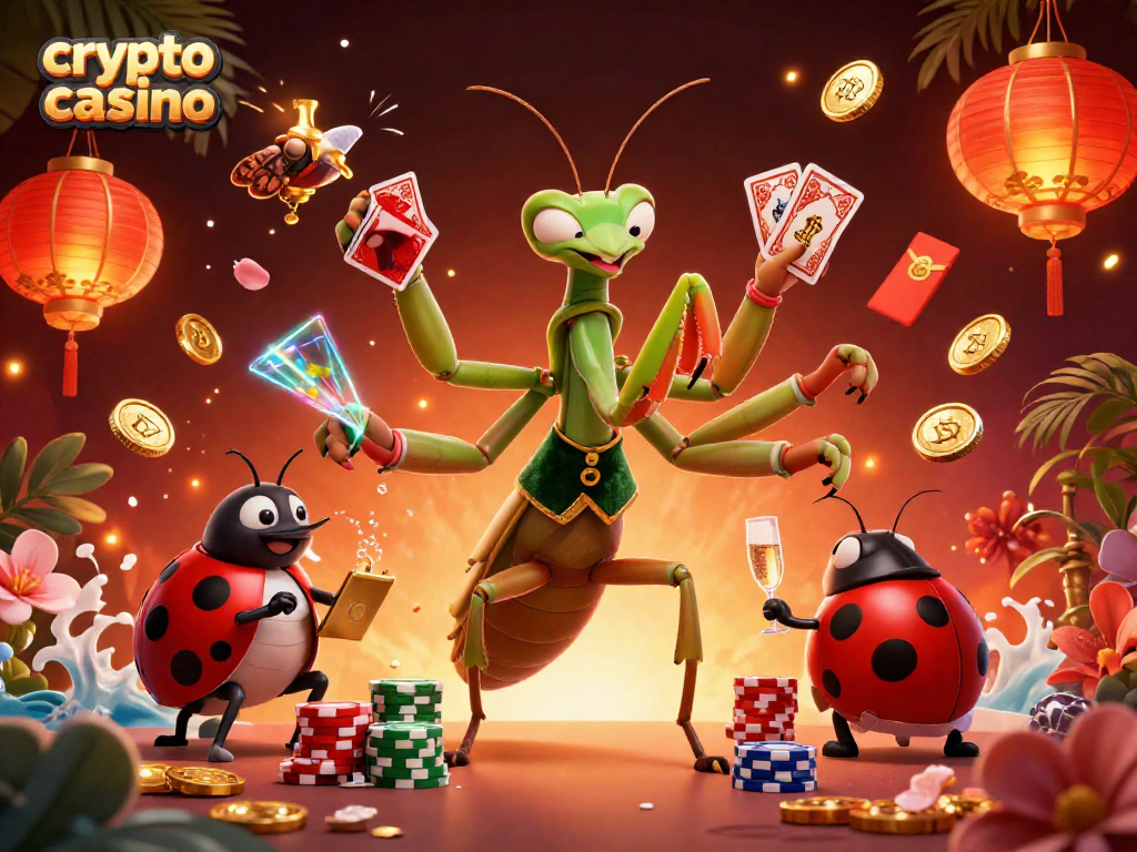 Un crypto casino captivant avec un caméléon géant servant des cartes et des jetons.