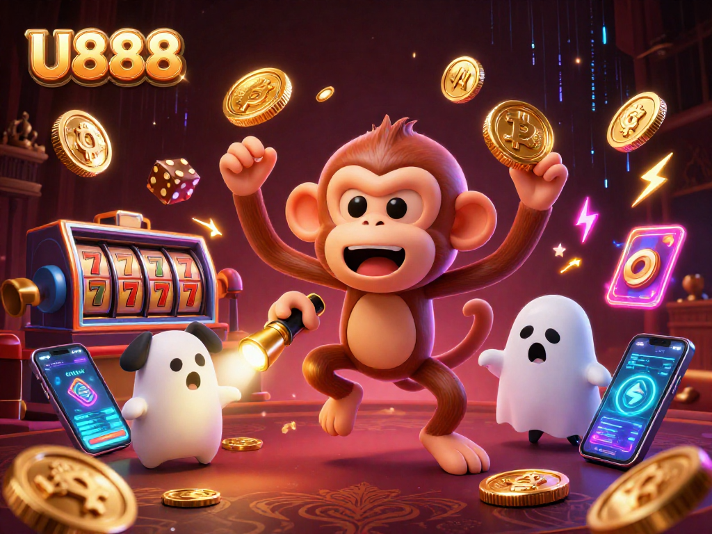 Experience unique gaming with U888 as a playful poltergeist monkey juggles casino treasures.
