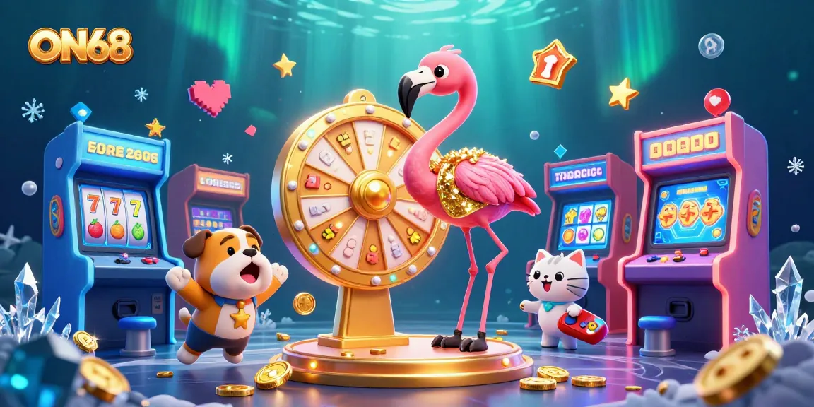Experience the thrill of ON68 with a colorful casino game show scene featuring vibrant characters and exciting game elements.