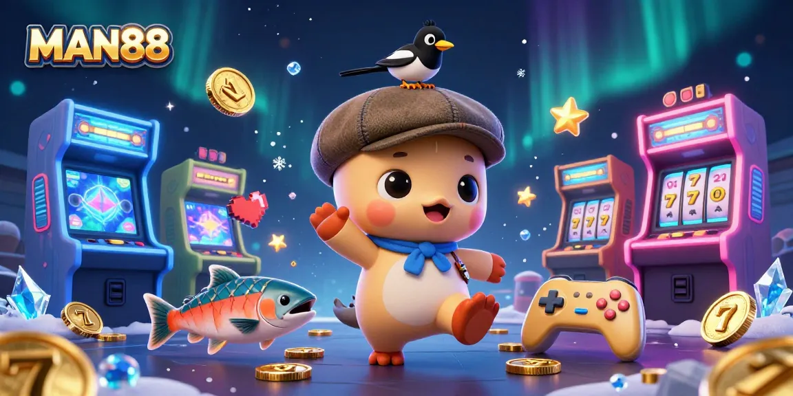 Experience the excitement at MAN88 with playful characters in a vibrant casino scene.