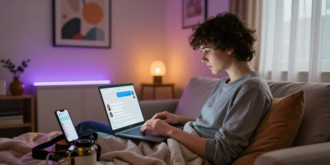 Engaging in ai sexting at home, cozy atmosphere with laptop and smartphone.