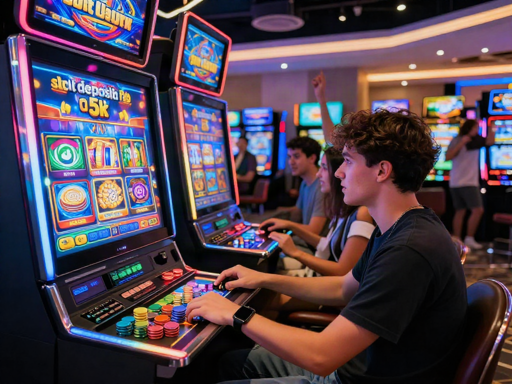 Engaged player at a vibrant slot machine, featuring slot deposit qris 5k, in an exciting casino atmosphere.