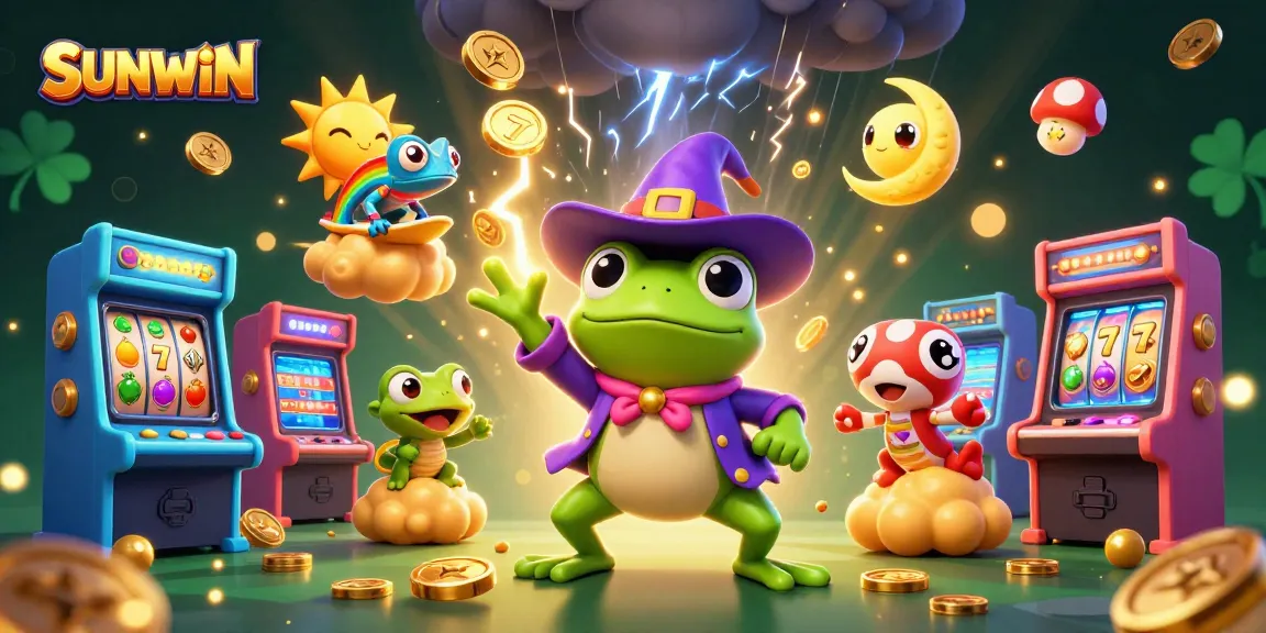 SUNWIN celebrates wins with a wizard frog, chameleon, and vibrant casino elements.