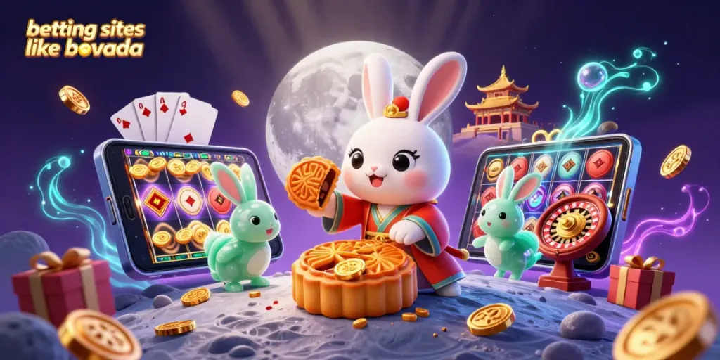 Experience betting sites like Bovada with a whimsical 3D scene featuring slot games, poker chips, and enchanting characters.