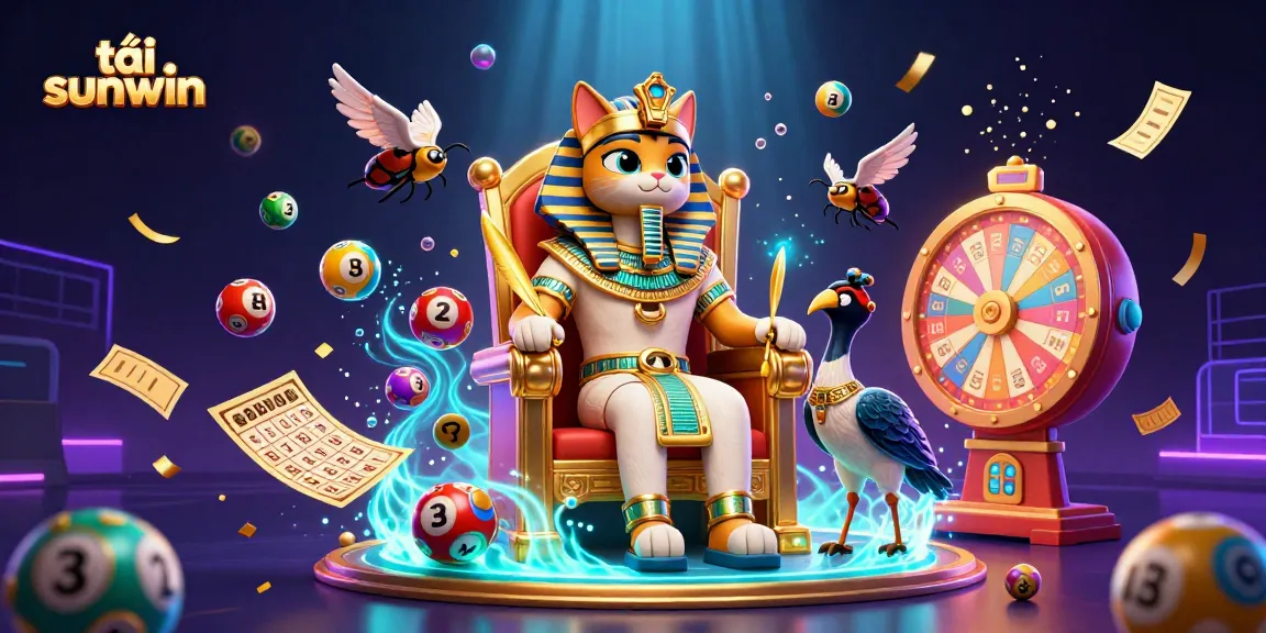 Playing lottery with tải sunwin in a vibrant casino scene featuring a pharaoh cat and ibis scribe.