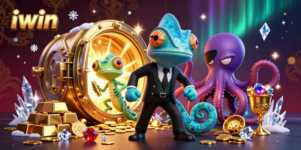 Win big with iwin in this vibrant 3D casino scene featuring a chameleon agent and glittering treasures.