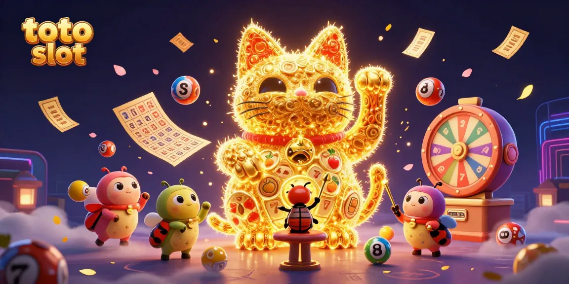 Gambar ilustrasi slot toto yang berwarna-warni dengan karakter kucing keberuntungan dan simbol kasino lainnya.