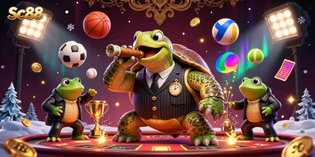 Engage with the thrilling Sc88 experience featuring a mobster turtle and bullfrog enforcers amid dynamic sports elements.