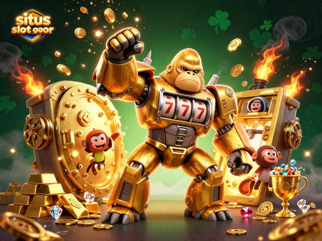Experience the thrill of situs slot gacor with a golden mech and dazzling treasures in this stunning illustration.