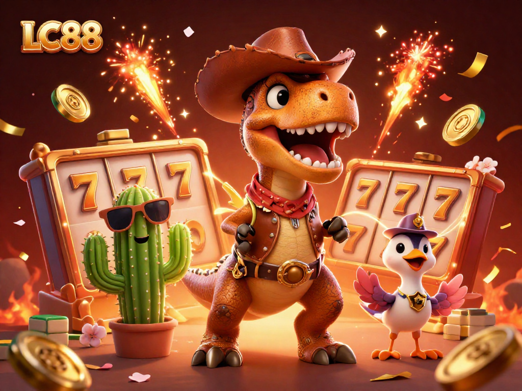 Win big at LC88 with a vibrant 3D casino scene featuring a cowboy dinosaur and exciting gaming elements.