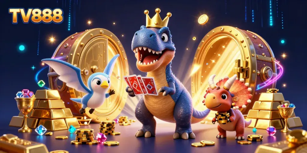 Join the fun at TV888 as a dinosaur trio celebrates wins with cards and chips in this vibrant casino scene.