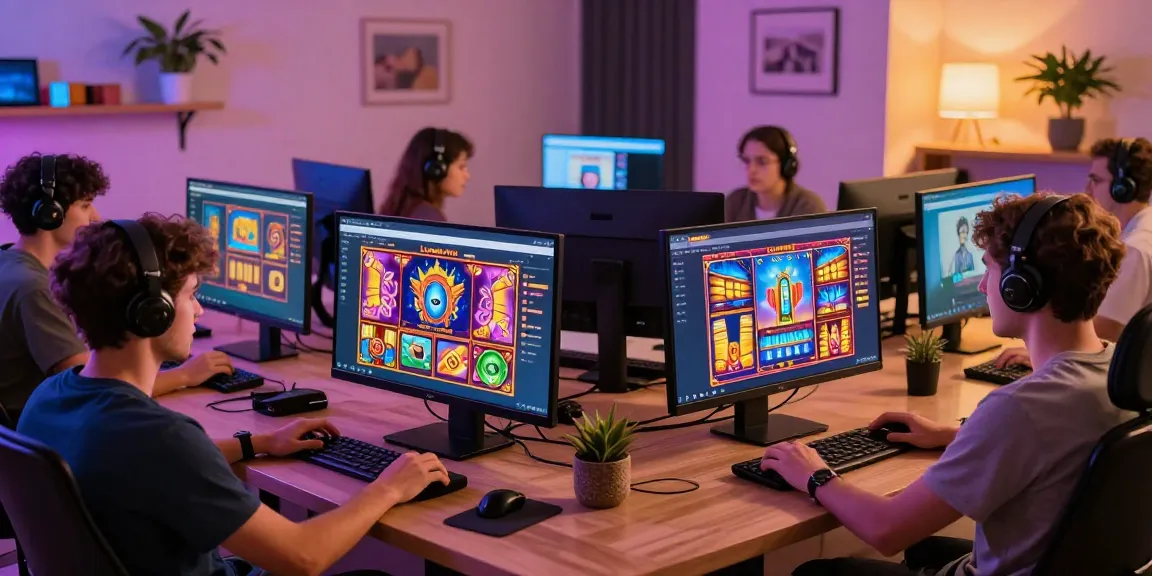 Players engaging with lavowin’s online slot games in a vibrant home office setting.
